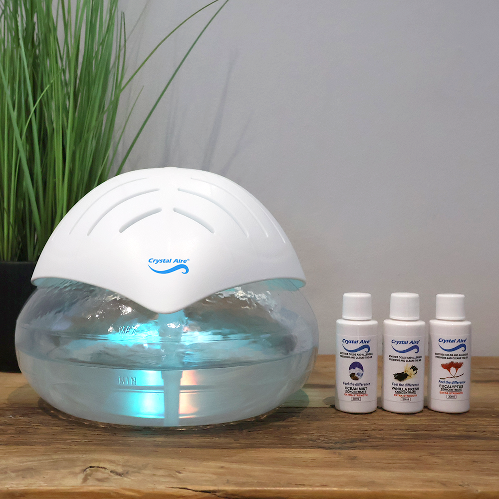 Crystal Aire AP001 Revitalising LED Ioniser Purifier & 3 Concentrates - Vanilla, Eucalyptus and Ocean Mist