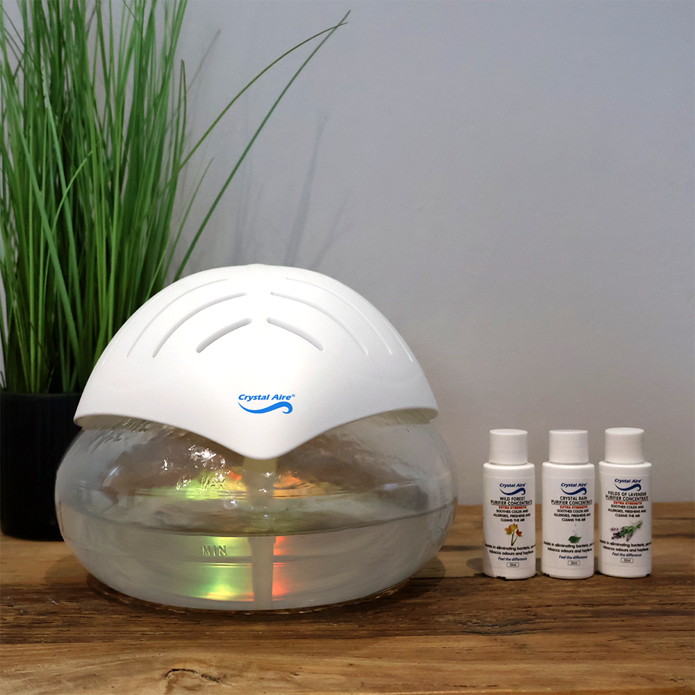 Crystal Aire AP001 Revitalising LED Ioniser Purifier & 3 Concentrates - Fields of Lavender, Crystal Rain and Wild Forest