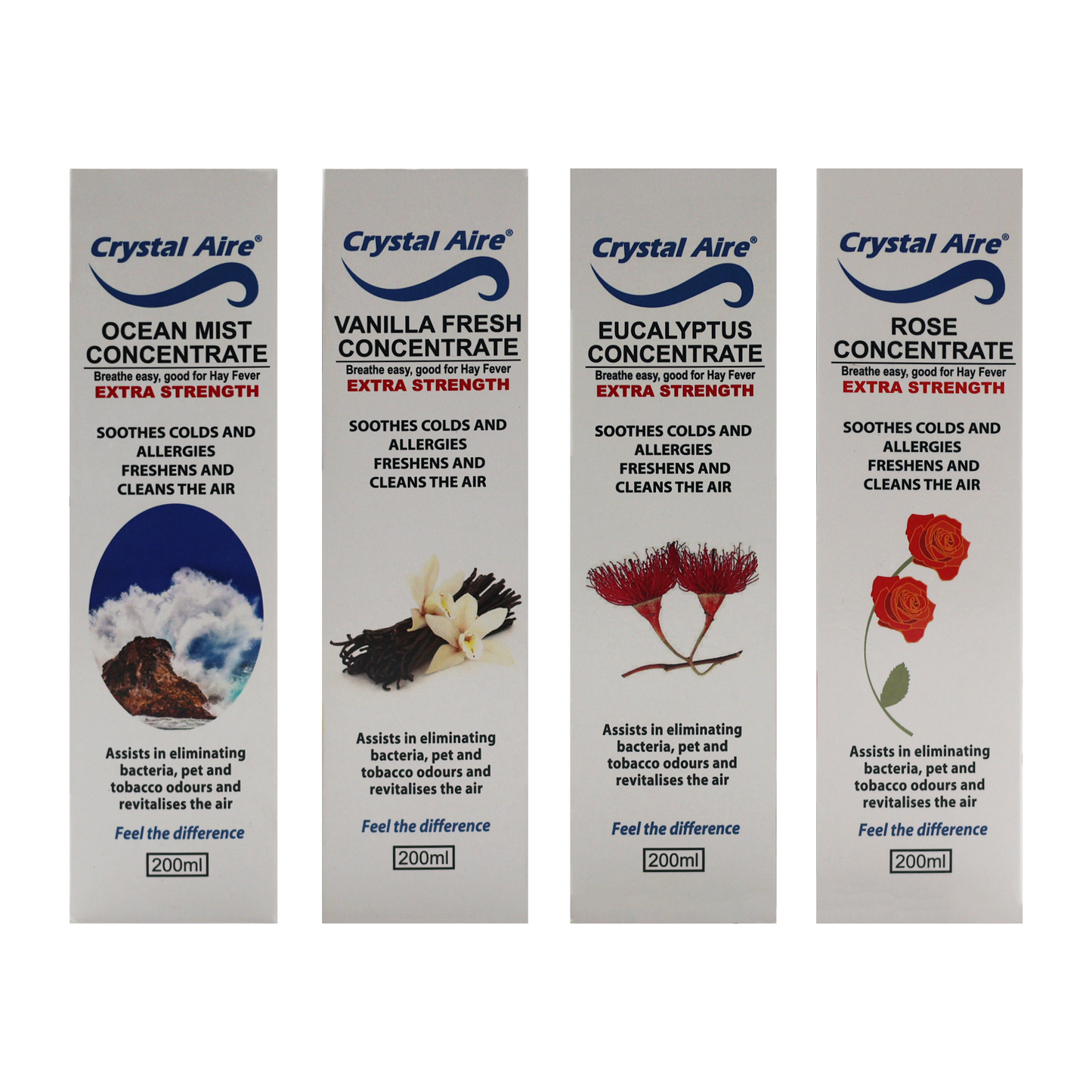 Crystal Aire 200ml Rose, Vanilla, Eucalyptus and Ocean Mist Air Purifier Concentrates - 4 Pack