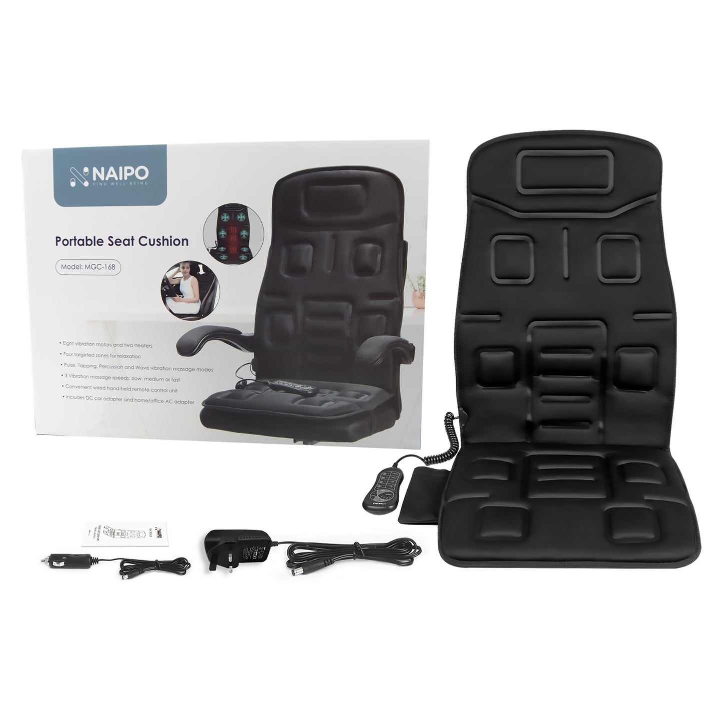 Naipo Black Massage Seat Cushion with 8 Motor Vibrations & 4 Massage Settings