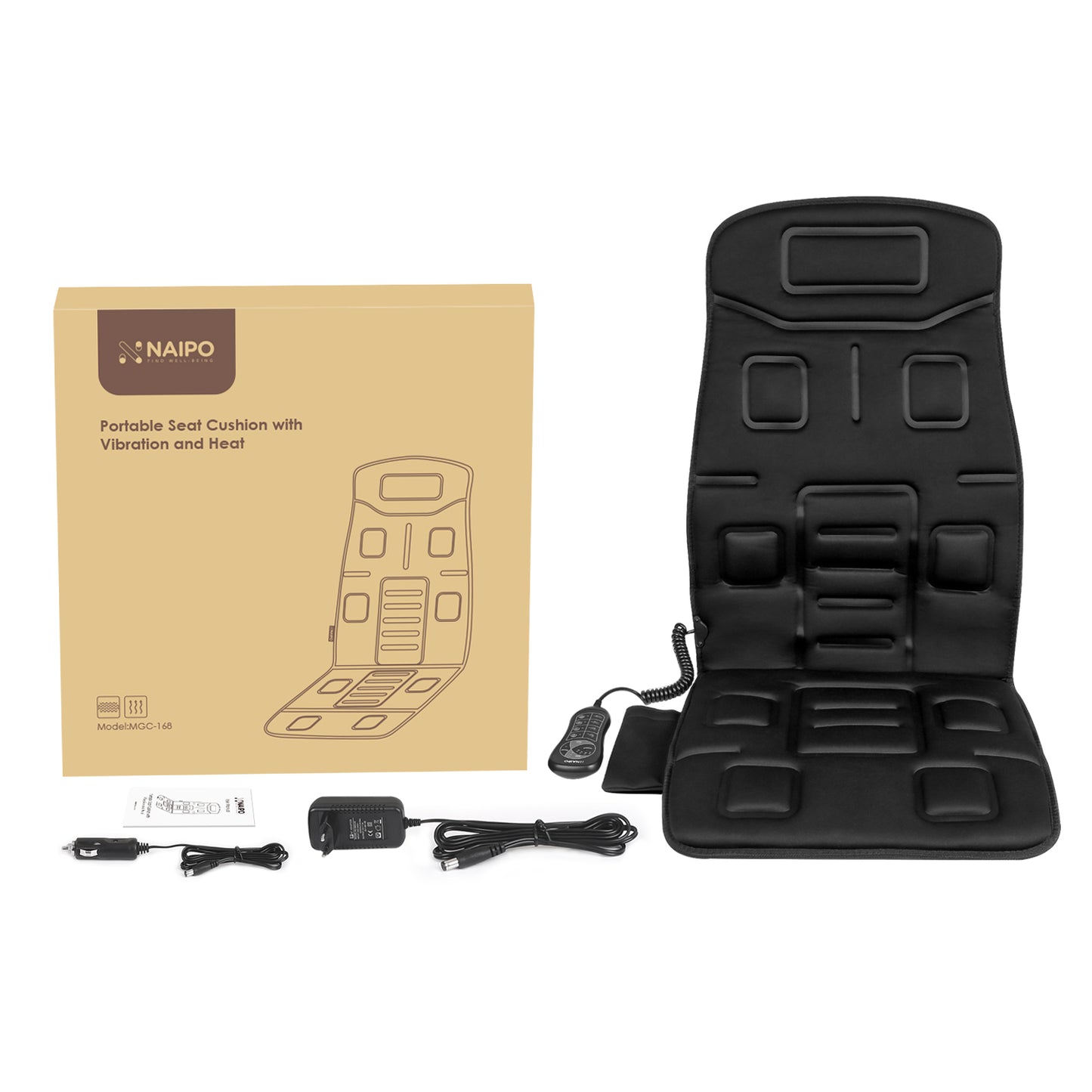 Naipo Black Massage Seat Cushion with 8 Motor Vibrations & 4 Massage Settings